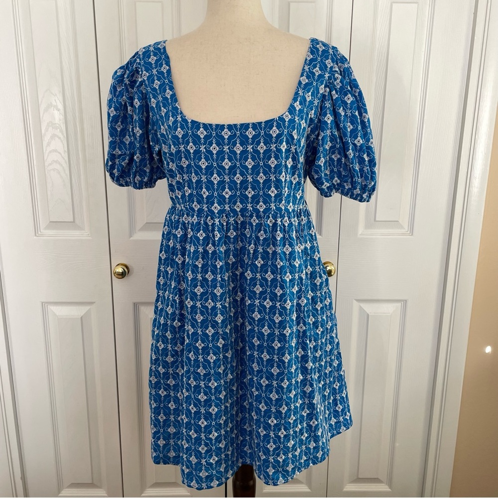 Rhode embroidered eyelet mini dress blue and white pockets size M - Picture 2 of 16